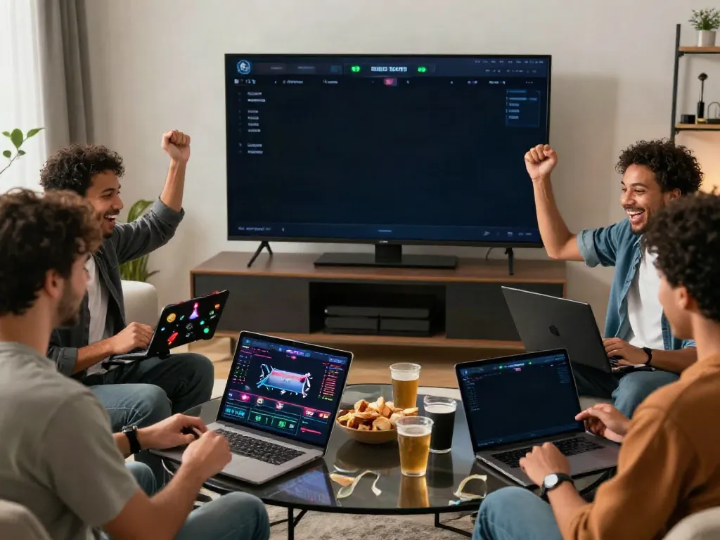 Excited players engaging with https://ku88vt.com/ on multiple devices in a lively home gaming scene.