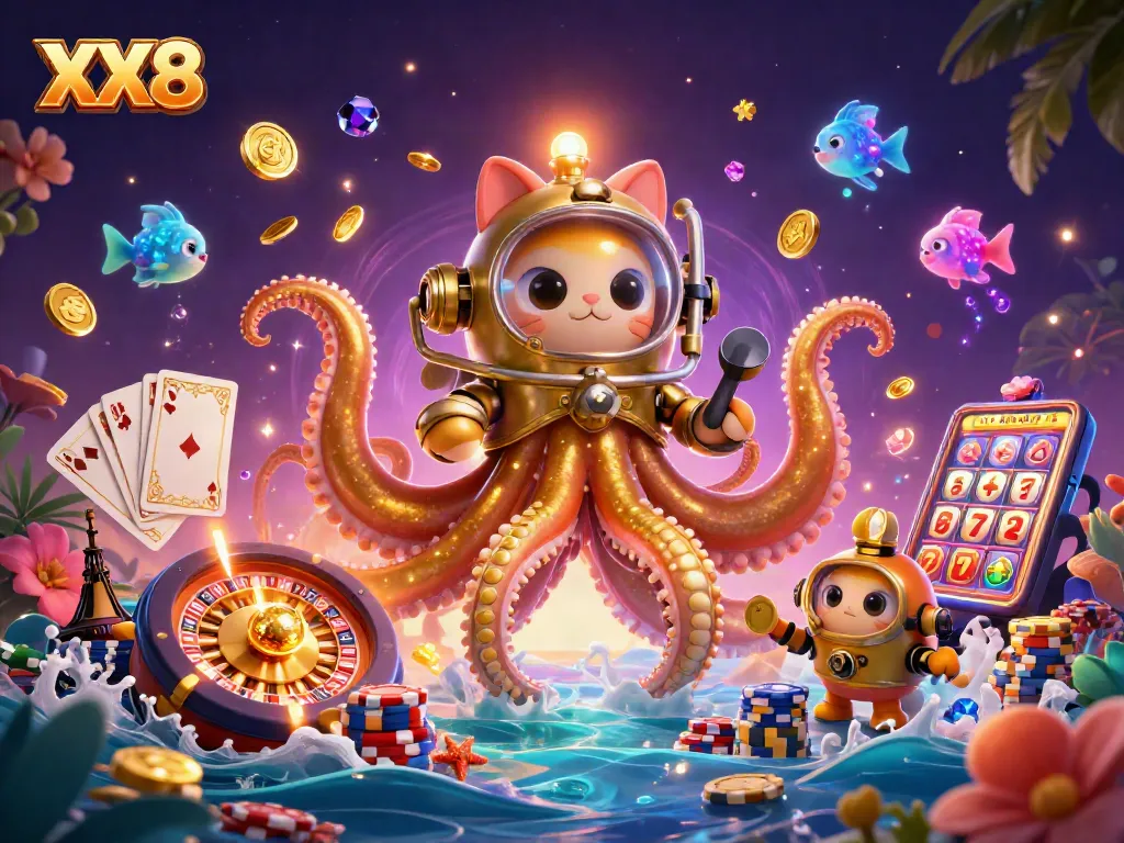 Spin and win at XX8's vibrant casino with a kraken and diving cat in a treasure-filled scene.