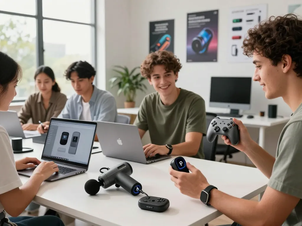 Engaging teamwork at a tech workspace featuring trending tech gadgets like 8BitDo controllers and BlueDriver.