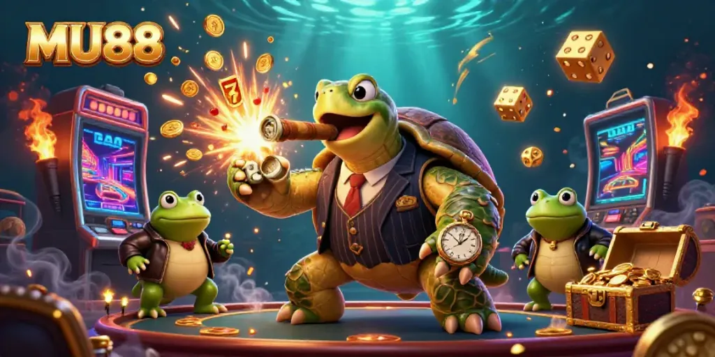 Experience the vibrant world of MU88 with a bustling casino scene featuring colorful characters and dynamic game elements.
