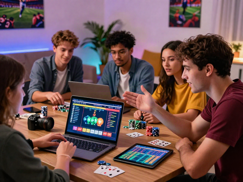 Exciting online gaming experience at https://red88.limited/ with friends strategizing their bets in a vibrant living room.