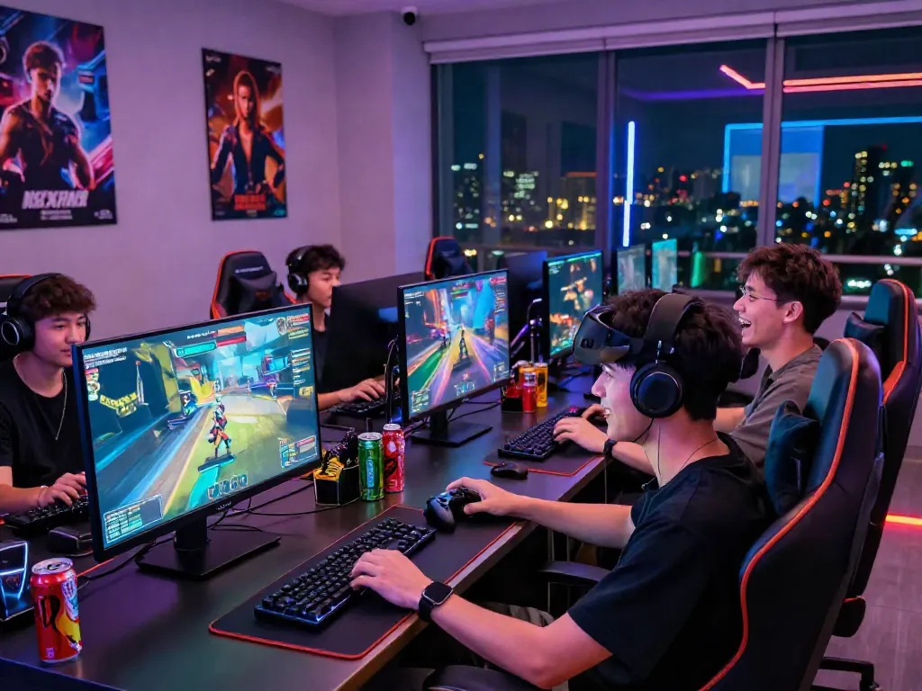 Male gamers enjoying immersive gaming experience in modern lounge setting at manclub.