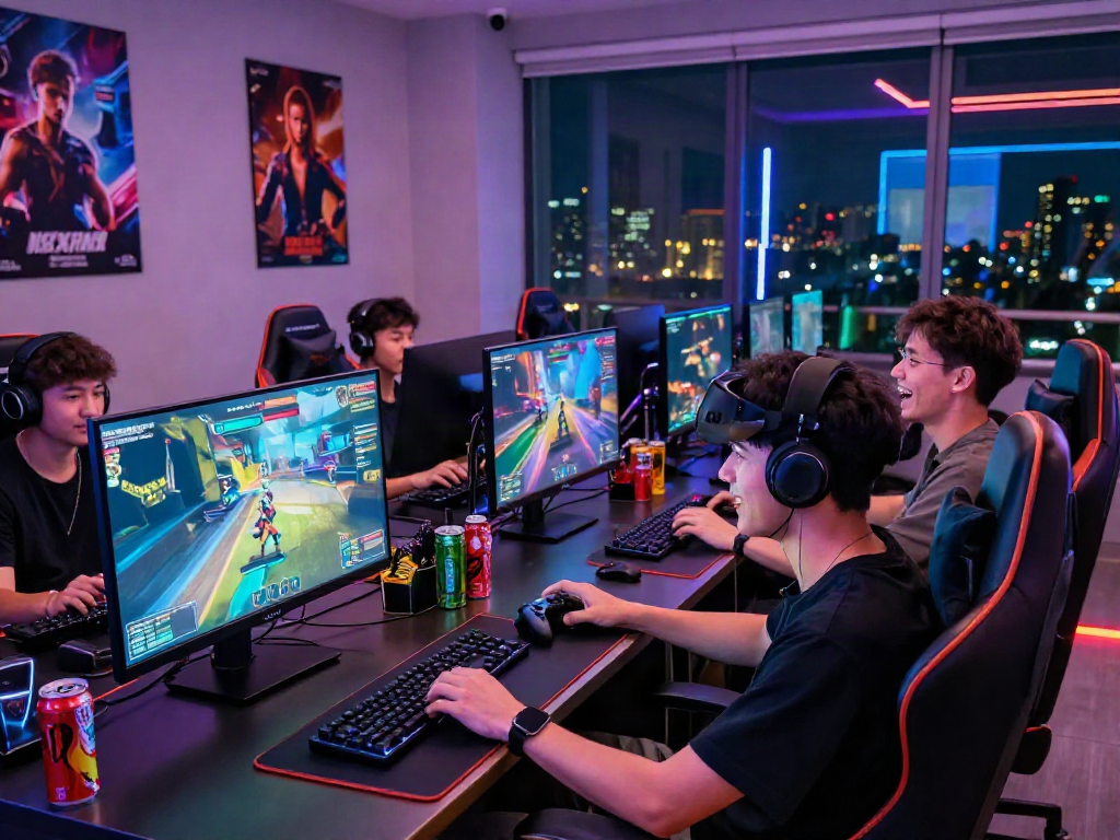 Male gamers enjoying immersive gaming experience in modern lounge setting at manclub.