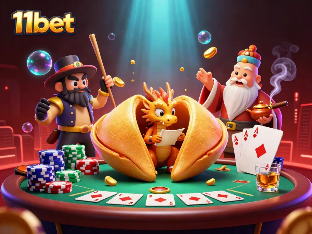 Engage with 11bet as a wise dragon unveils fortune from a fortune cookie in a vibrant casino setting.