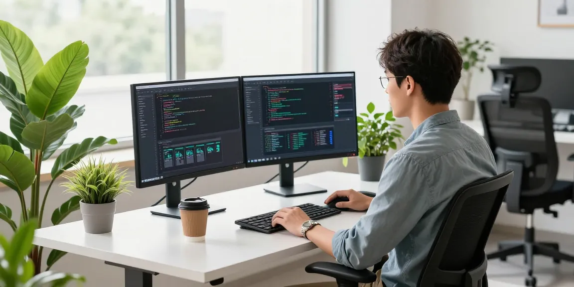 快连 network optimization setup in a modern tech workspace with dual monitors and coffee.