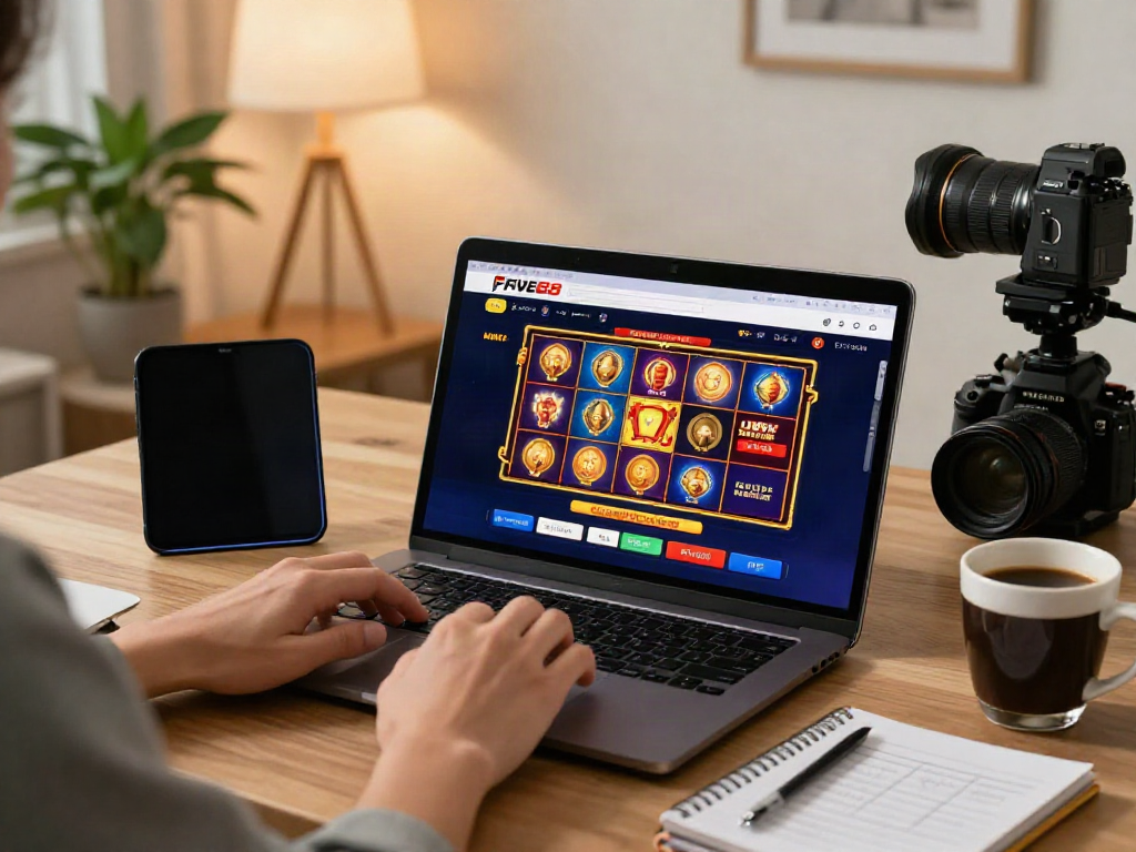 Engaging user enjoying the FIVE88 betting platform with a laptop in a cozy home office.