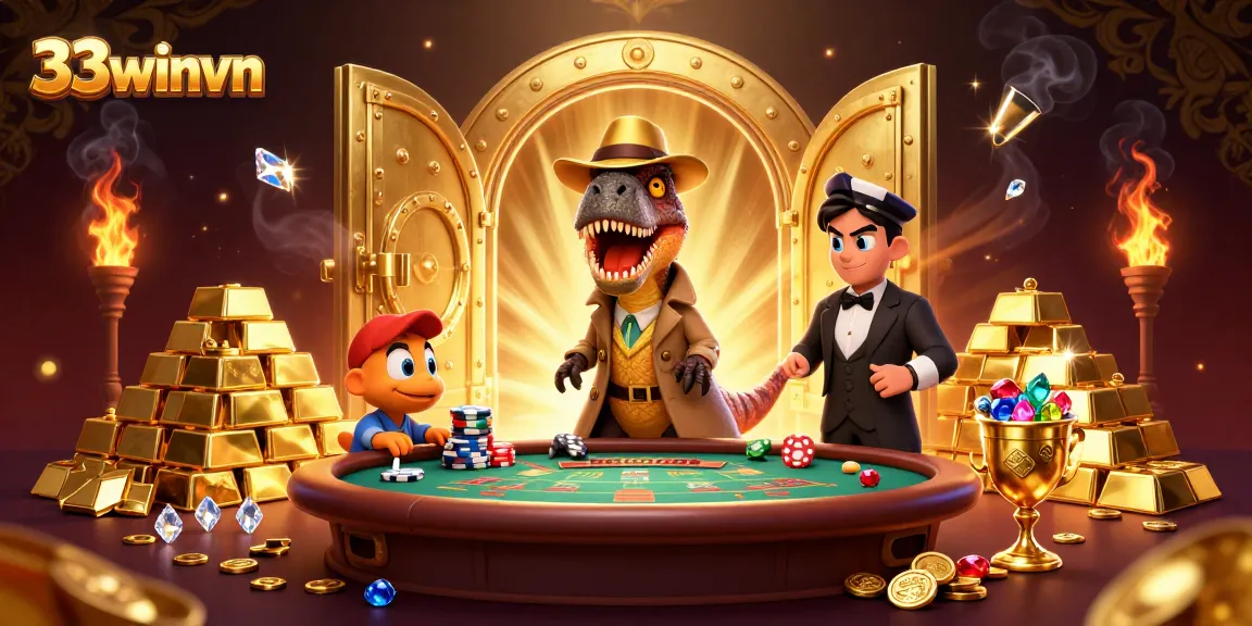 Experience thrilling gameplay in the vibrant 33winvn casino with animated characters and gold treasures.