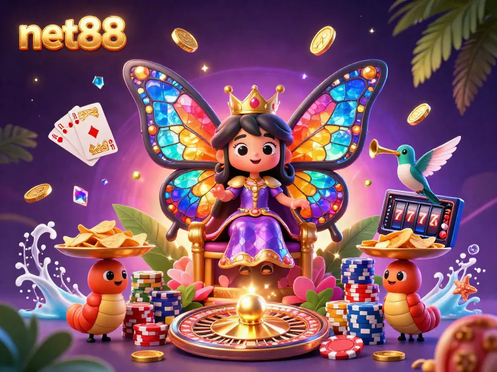Join the excitement at net88 with a vibrant casino-themed scene featuring a butterfly queen and festive game elements.