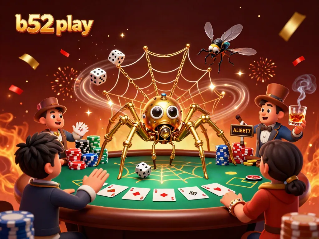 Enjoy exploring dynamic b52 play in a vibrant casino scene with golden spider and poker chips.