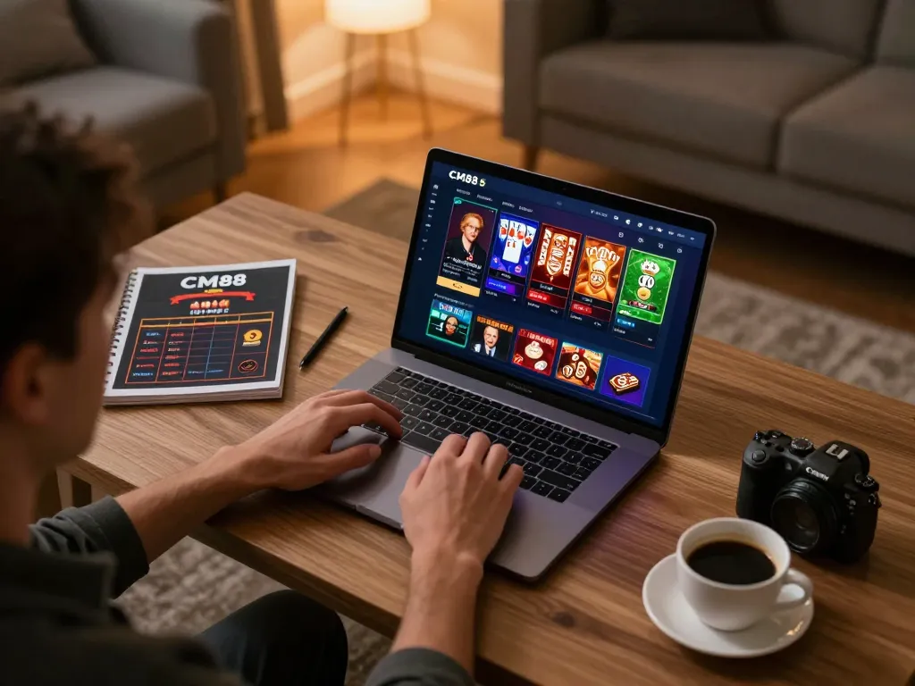 Engaging online poker game at home with CM88 interface displayed on laptop, creating a strategic and fun atmosphere.