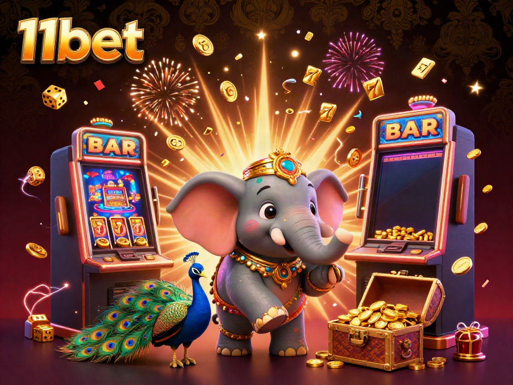 Experience the thrill of 11bet with a colorful casino scene featuring a vibrant cartoon elephant and a jackpot explosion.