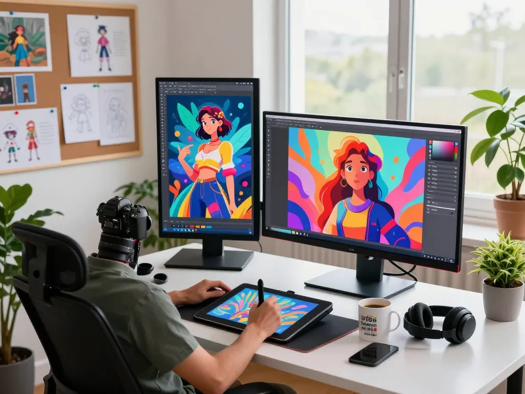 Creative digital artist designing innovative AI porn visuals in a modern workspace, showcasing vibrant illustrations and artistic tools.