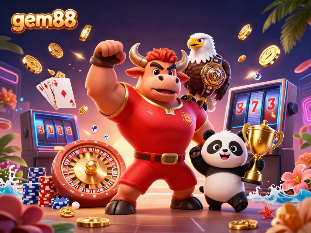 Propel your winning spirit with gem88 as a bull, eagle, and panda join amidst a vibrant casino backdrop!