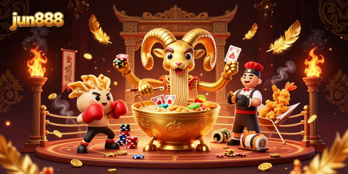 Engage with the thrilling atmosphere of jun888 as a giant golden ramen bowl dealer showcases vibrant casino elements.