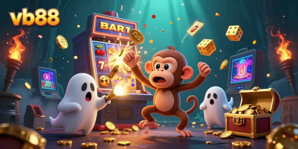 Experience vibrant wins at vb88 with a lively illustration of a mischievous monkey and a ghost-hunter puppy in a casino.