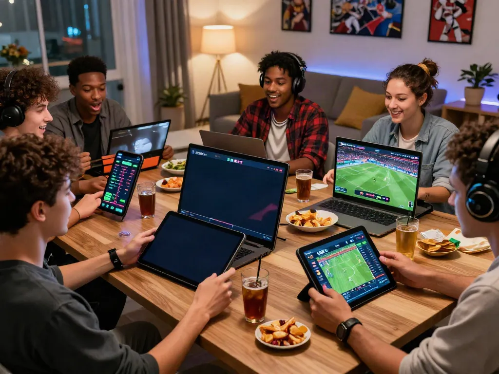 Group of friends enjoying gaming with FABET platform in a lively living room