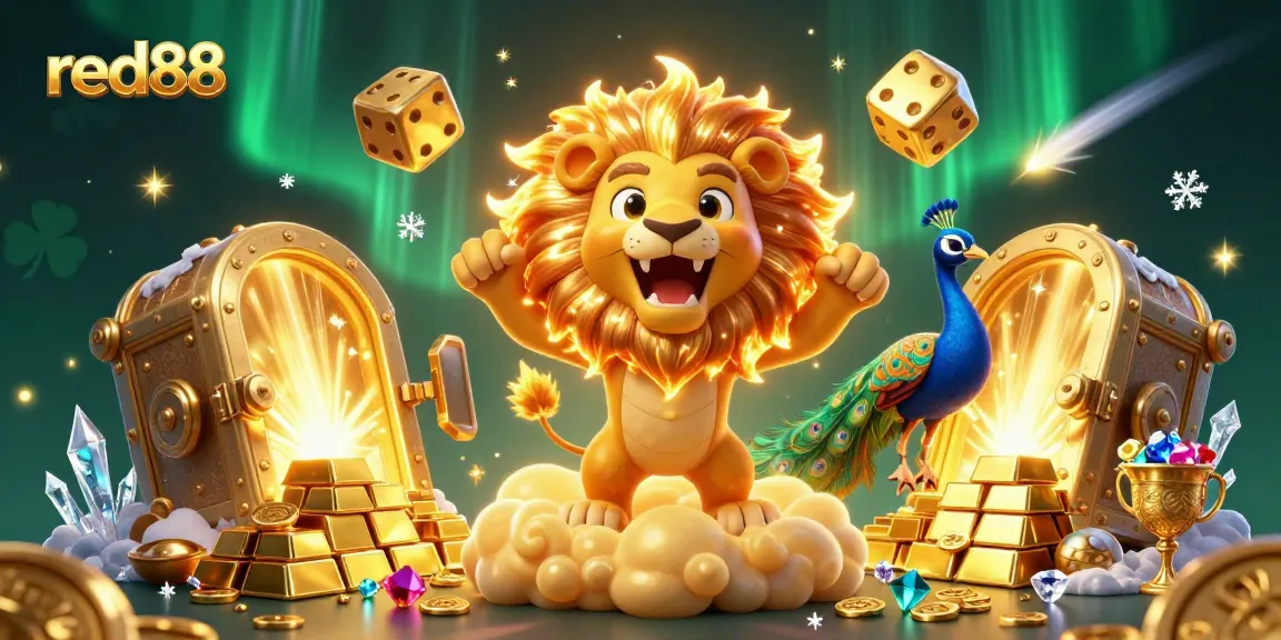 Experience the thrill of winning with red88 in this vibrant casino illustration featuring treasures and games.