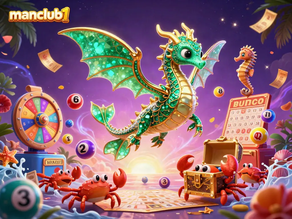 Engage with manclub1's vibrant gaming scene featuring dynamic lottery elements and fantasy characters.