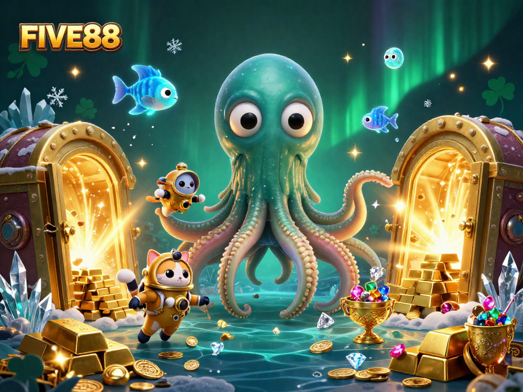 Experience FIVE88's thrilling game elements in a dynamic underwater treasure scene with a kraken and diving cat.