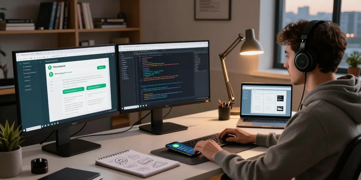 Developer using WhatsApp網頁版 on multiple monitors in a modern, stylish workspace.