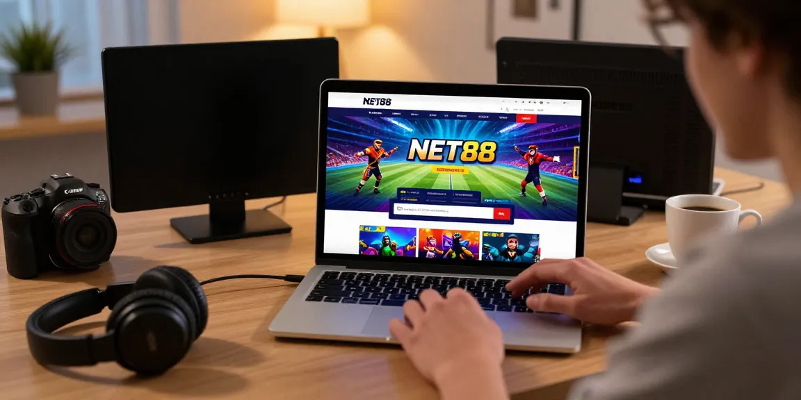 Engaging with the NET88 online betting platform showcasing vibrant graphics and a cozy setup.