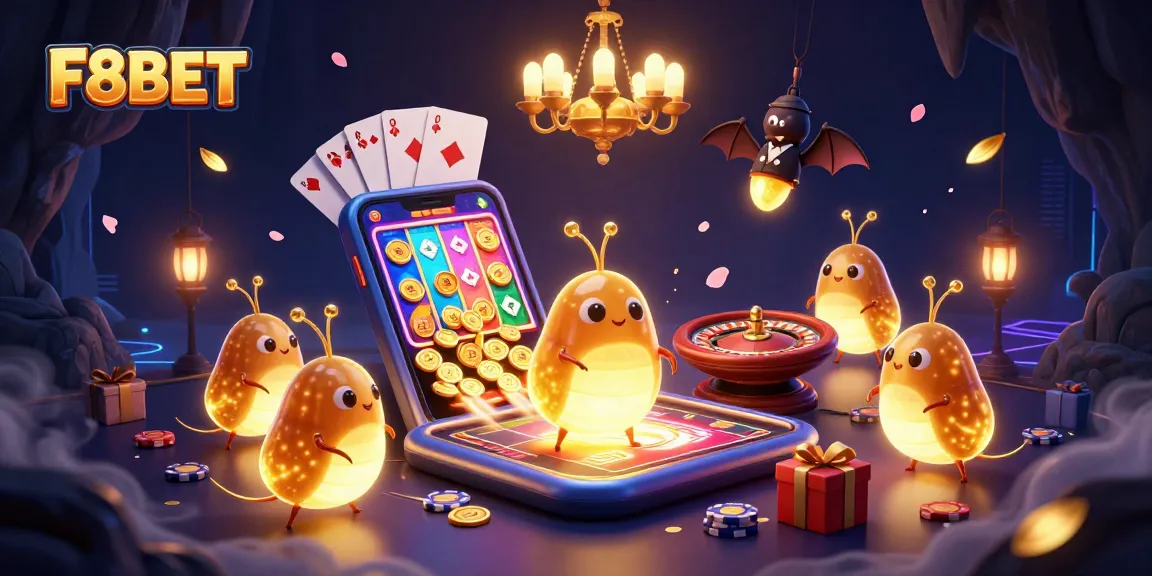 Experience F8BET in a vibrant cave casino scene with glowworms and exciting games.
