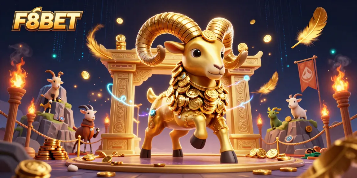 Engage with the thrilling world of F8BET featuring a golden ram breaking through a cash-filled gate, representing exciting bets.
