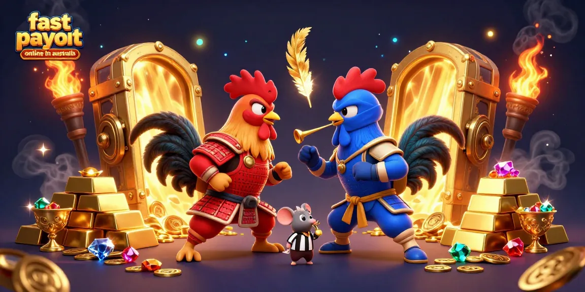 Battle of roosters symbolizes the excitement at a fast payout casino online in Australia.
