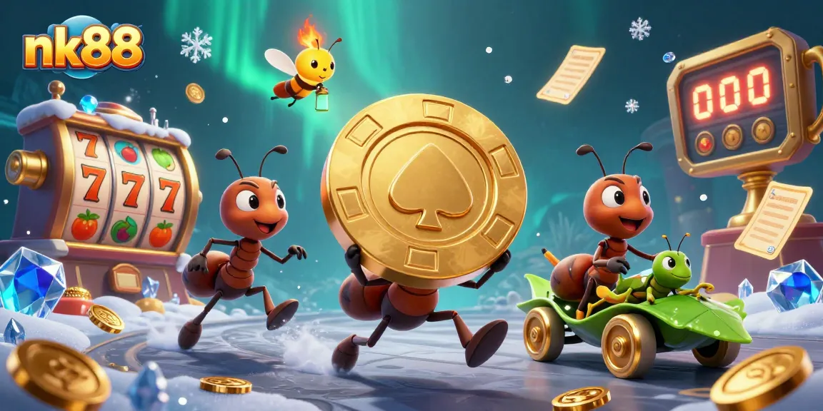 Win big with nk88 as cartoon ants carry a giant poker chip in this casino heist scene.