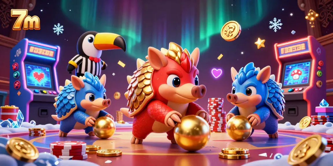 Engage in 7m sports betting with lively pangolins rolling poker chips and vibrant game elements.