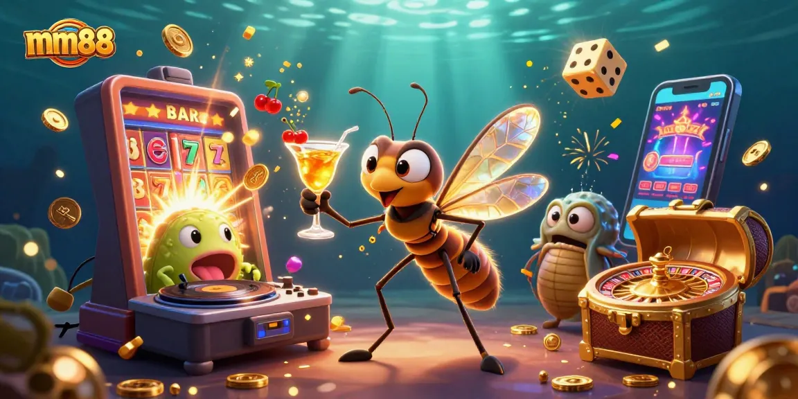 Spin to win with mm88's vibrant casino mascot, showcasing a whirlwind of gaming excitement and treasures.