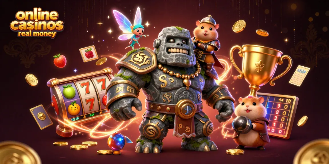 Experience excitement with online casinos real money, featuring vibrant characters and slot game elements.