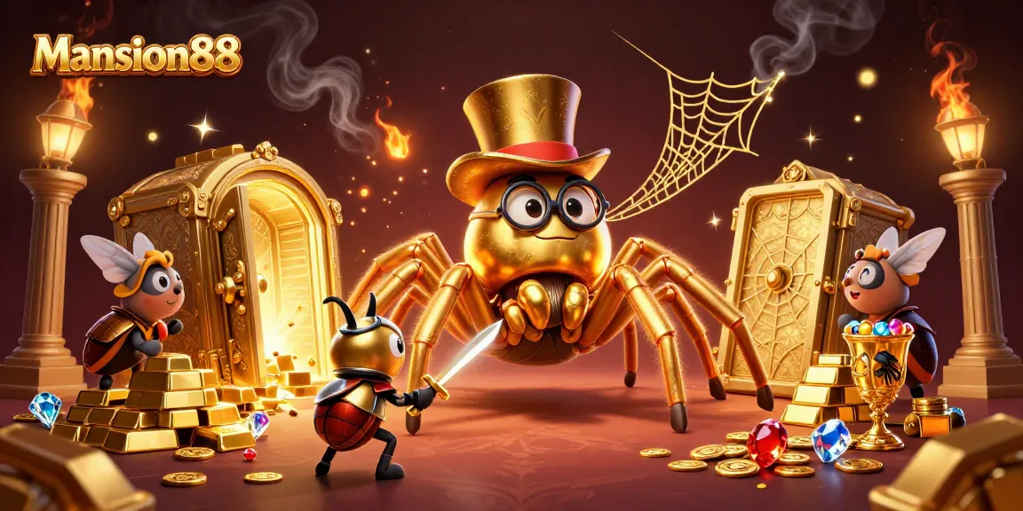 Mansion88 showcases a thrilling scene with a golden tarantula, beetle knight, and casino treasures in action.