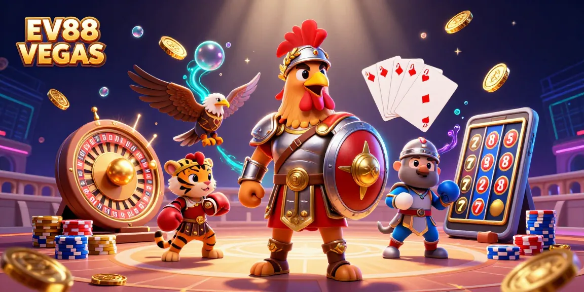 Win big at EV88 VEGAS with golden coins and a thrilling roulette wheel in this dynamic casino scene.