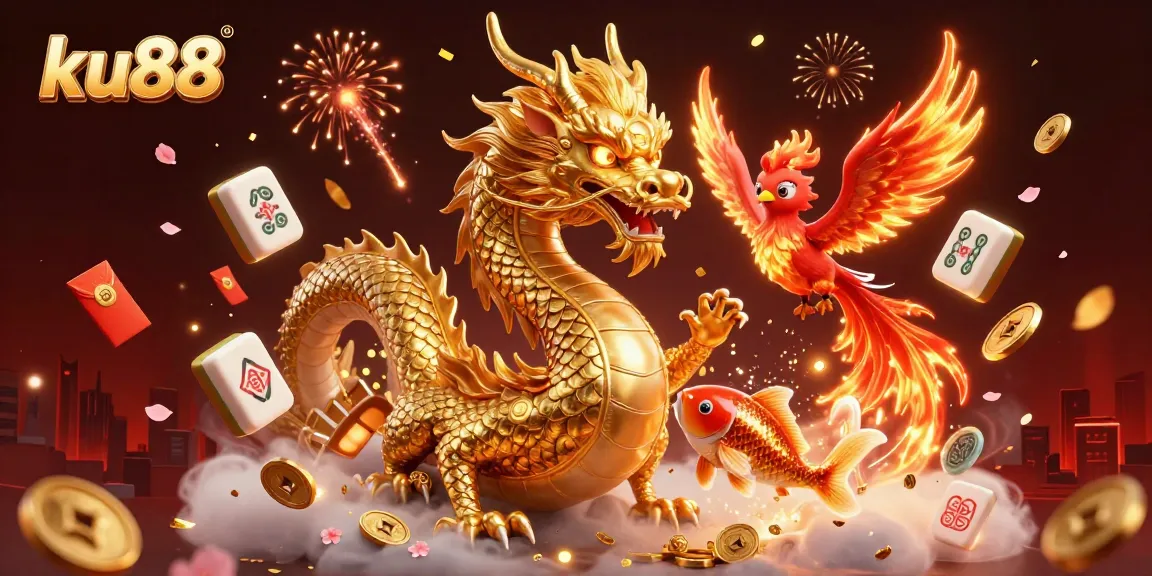 Engage with ku88's vibrant casino world featuring a golden dragon and phoenix illustration.