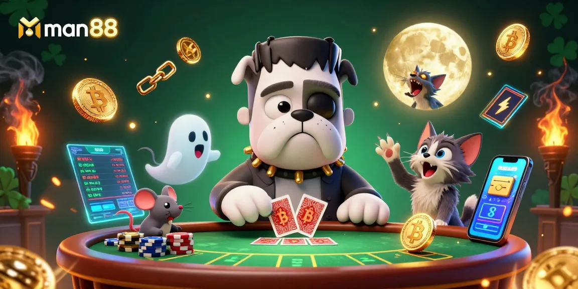 man88 engages in thrilling poker action with a Frankenstein bulldog, ghost mouse, and werewolf kitten.