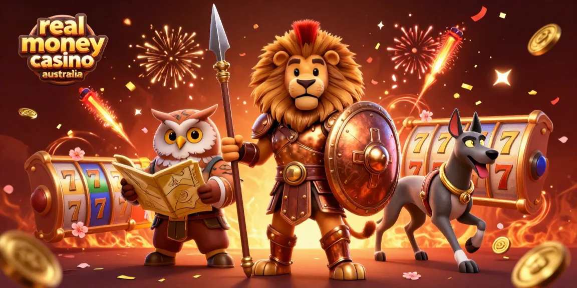 Play at real money casino Australia with excitement, featuring dynamic characters in a vibrant casino scene.