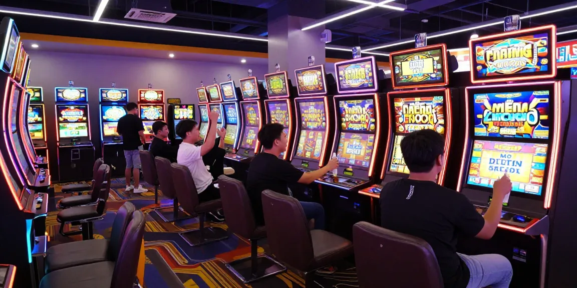 Excited players celebrating wins at vibrant slot gacor machines in a lively arcade.