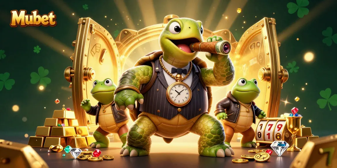 Mubet showcases a vibrant 3D casino scene featuring a mobster turtle and frog enforcers amidst gold and slot elements.