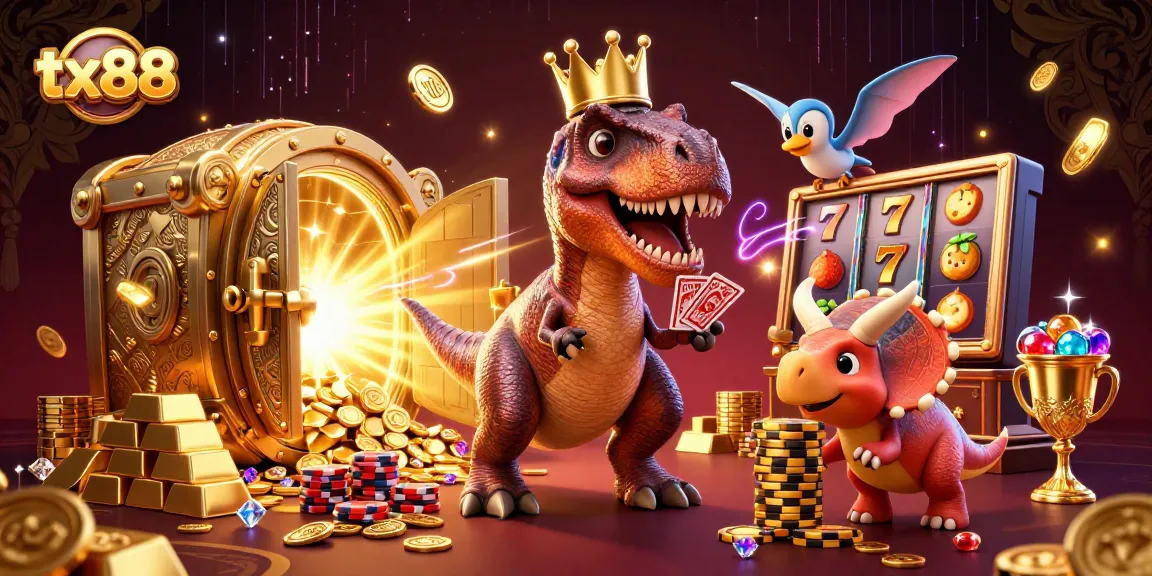 tx88 showcases a lively casino scene with dinosaurs, cards, and gold treasures